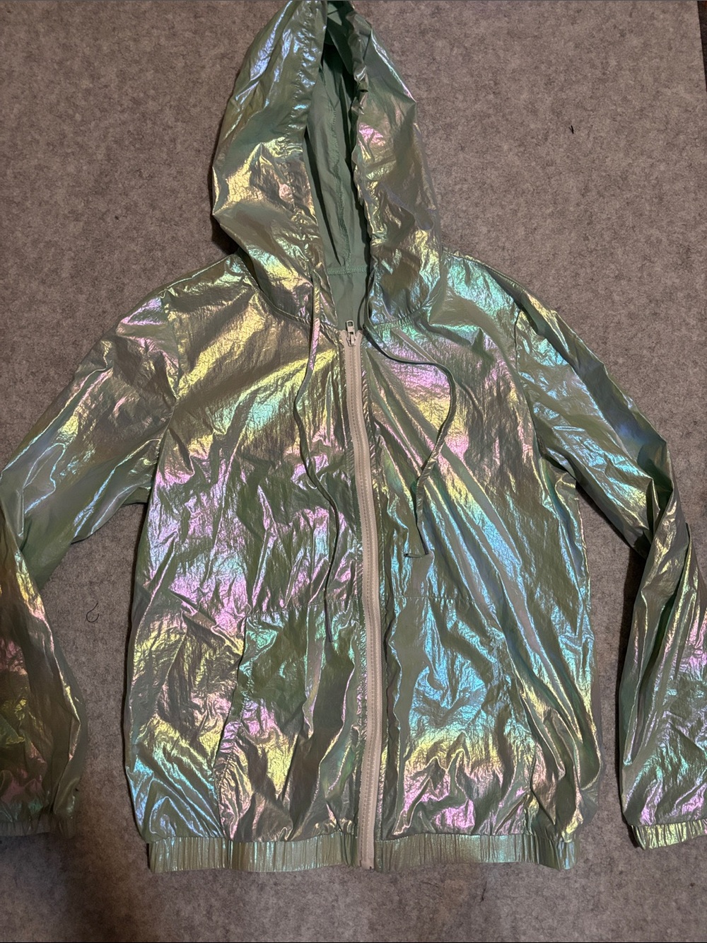 Iridescent Zipper Hooded Pocket Lightweight Jacket - Green/Pink/Blue
